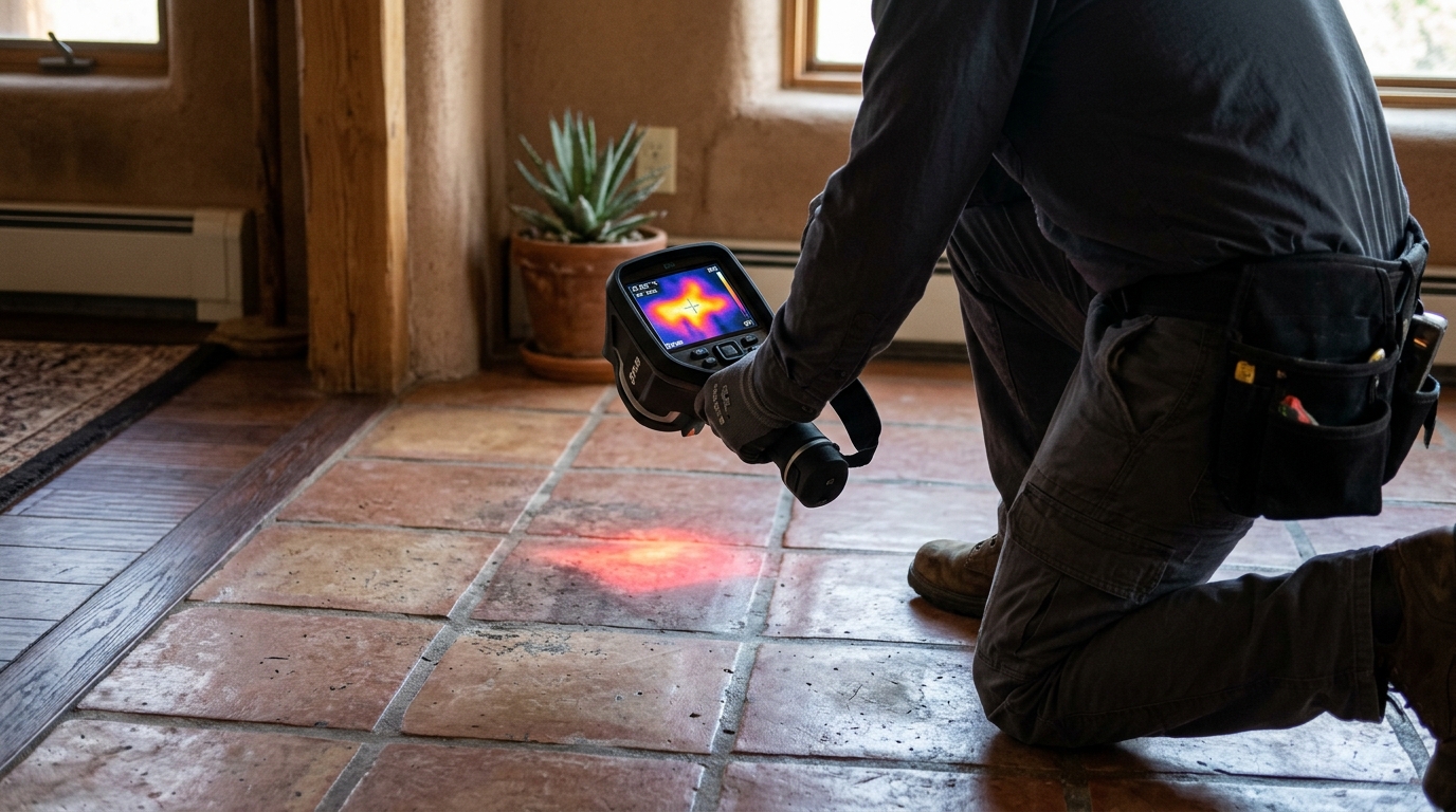 Thermal imaging revealing hot water slab leak underneath tile floor