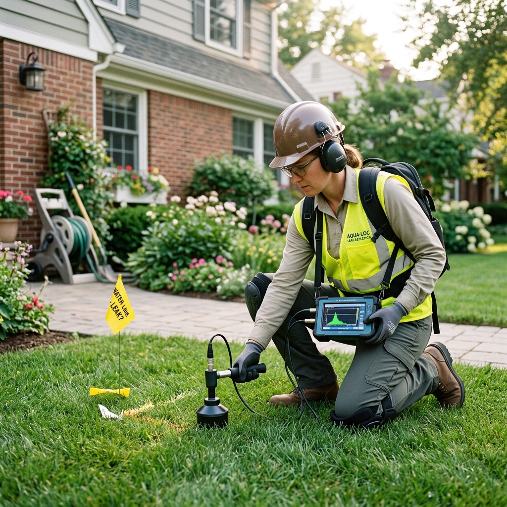 Plumbing technician utilizing digital moisture sensor against residential wall