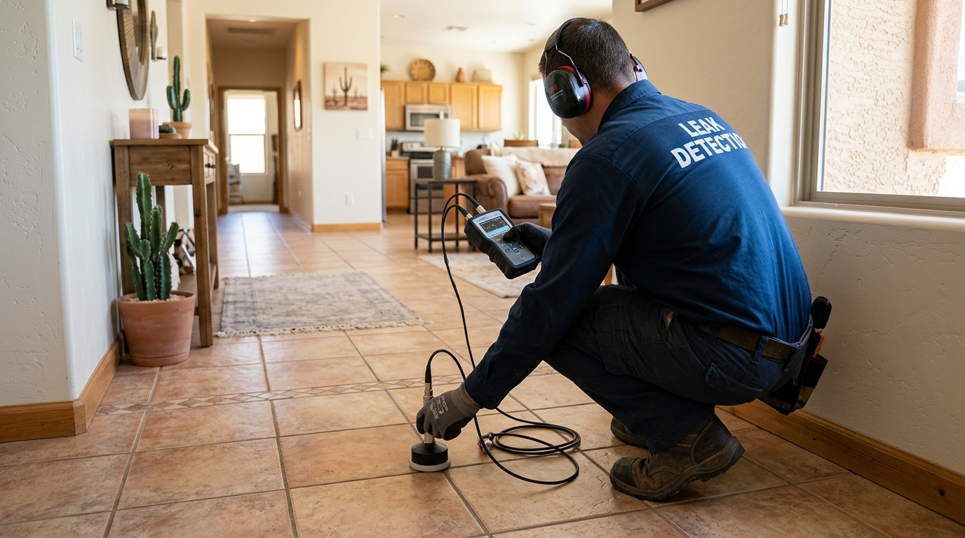 Acoustic ground sensor leak detection on concrete slab in Redlands home
